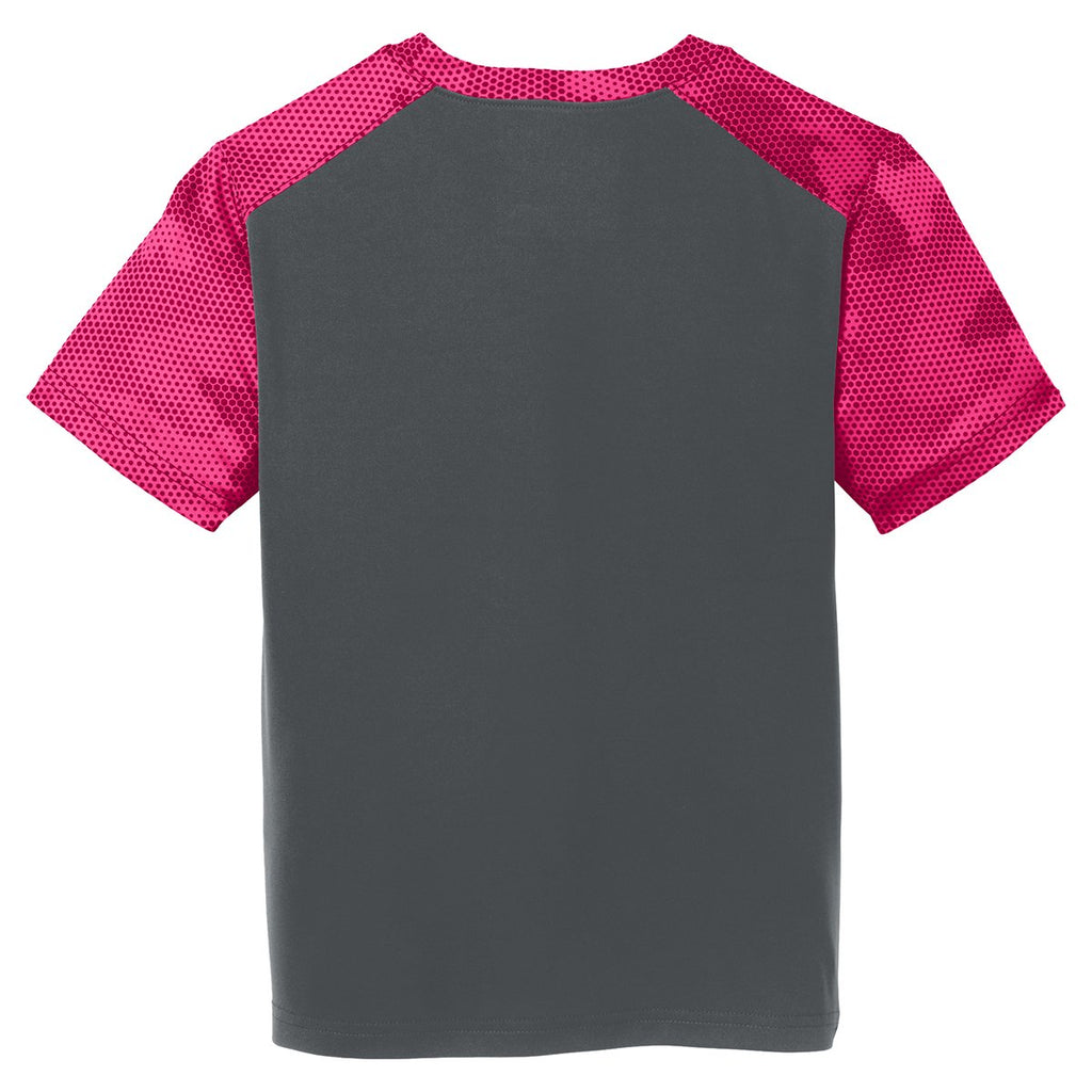 Sport-Tek Youth Iron Grey/Pink Raspberry CamoHex Colorblock Tee