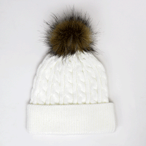 Kate Lord Women's Winter White/Tan Knit Fur Pom Beanie
